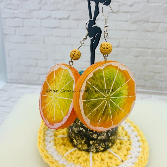 Hand Crafted- Resin Orange Dangle Earrings - Picture 4 of 7